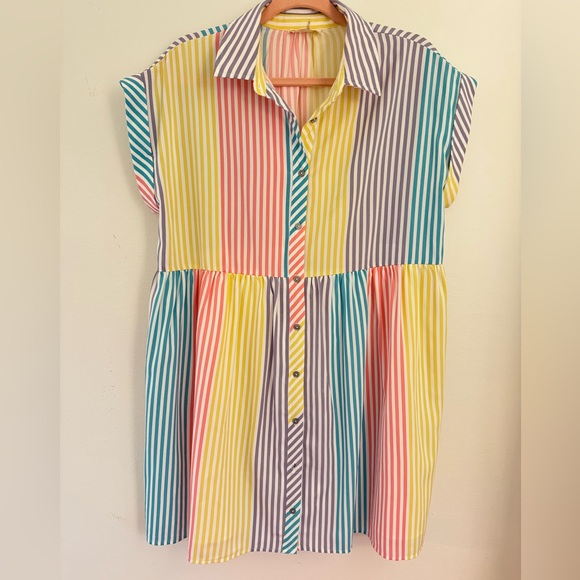 Entro Striped Button Front Mini Shirt Dress | Multicolor | Size Medium - Picture 2 of 5